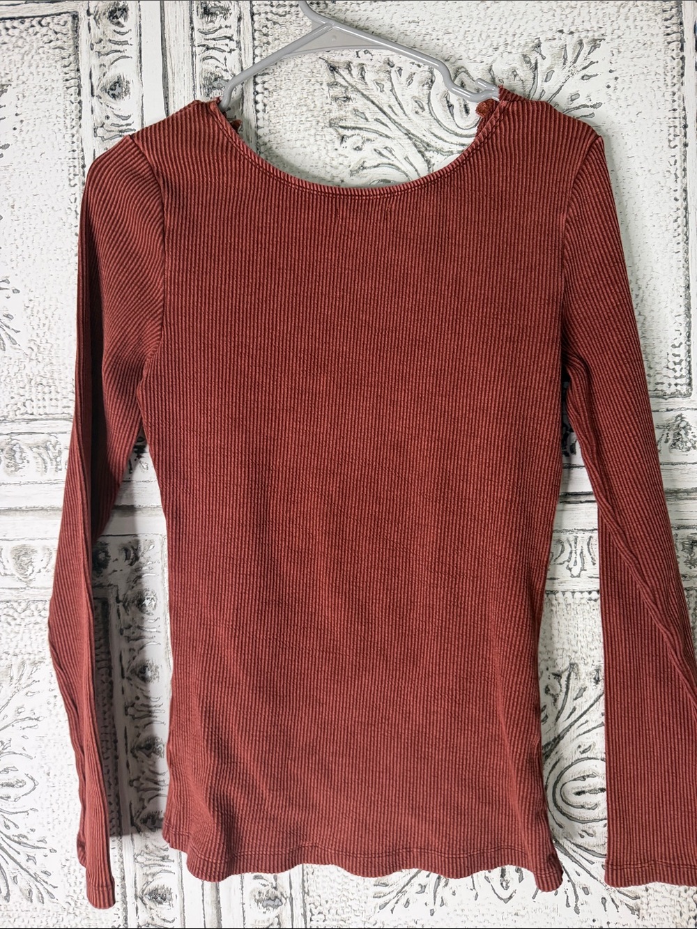 Women's Long-Sleeve Crochet-Trim Ribbed Top - Rust - Picture 4 of 5